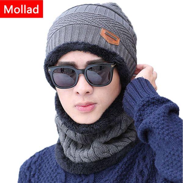

mollad 2019 winter men's cap korean men's woolen hat scarf set knit hood winter cap, Blue;gray