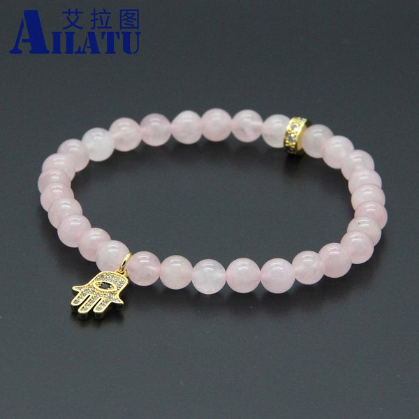 

ailatu womens jewelry 10pcs/lot 6mm natural pink crystal stone with micro inlay zircons fatima hand hamsa pendant bracelets, Golden;silver