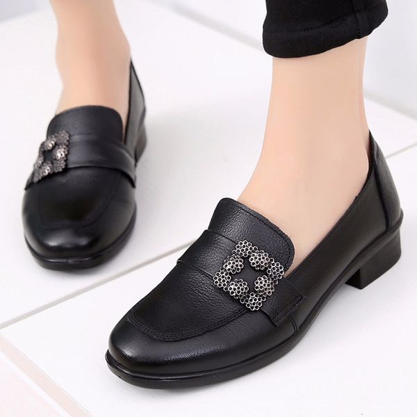 

genuine leather women flat shoes comfortable 2019 spring autumn oxfords ladies leather shoes large size 35-41 soft mom, Black