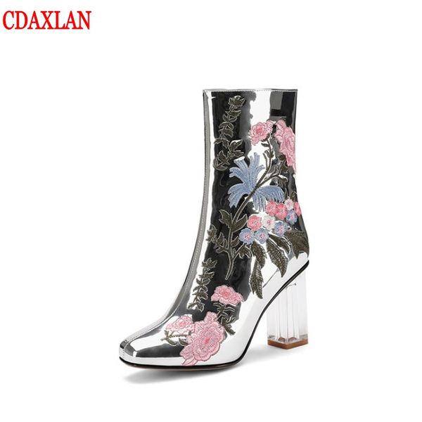 

cdaxilan new to women's boots gneuine cow leather metal decoration side zipper square round high heel toe sivler, Black