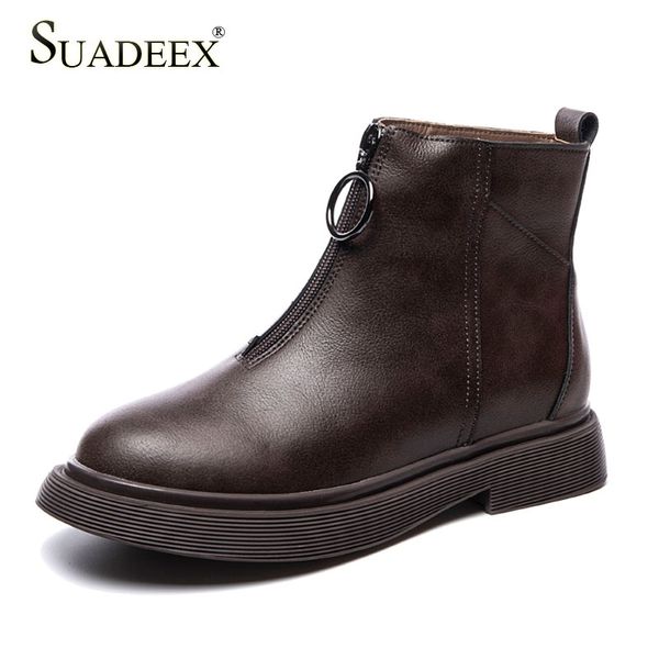 

suadeex women fashion shoes ankle boots spring winter cow leather waterproof platform square heel shoes for ladies women boots, Black
