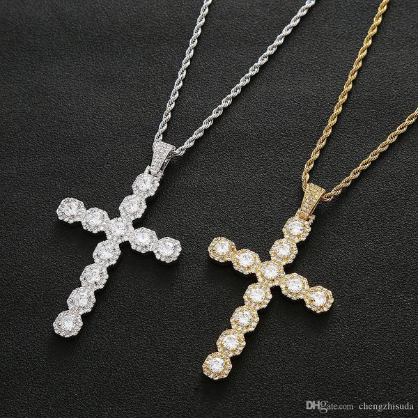 

iced out large cross necklace pendant with 4mm tennis chain gold silver cubic zircon men women hiphop rock jewelry