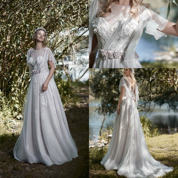 

белый линия maisonsignore bohemian платья jewel шеи с коротким рукавом аппликация ruched тюль кружева свадебные платья поезд стреловидности, White