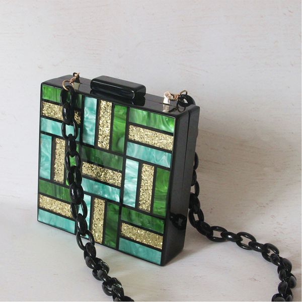 

bxx sac / 2019 new fashion single shoulder diagonal package green stitching square acrylic bag wedding dinner clutch zb264