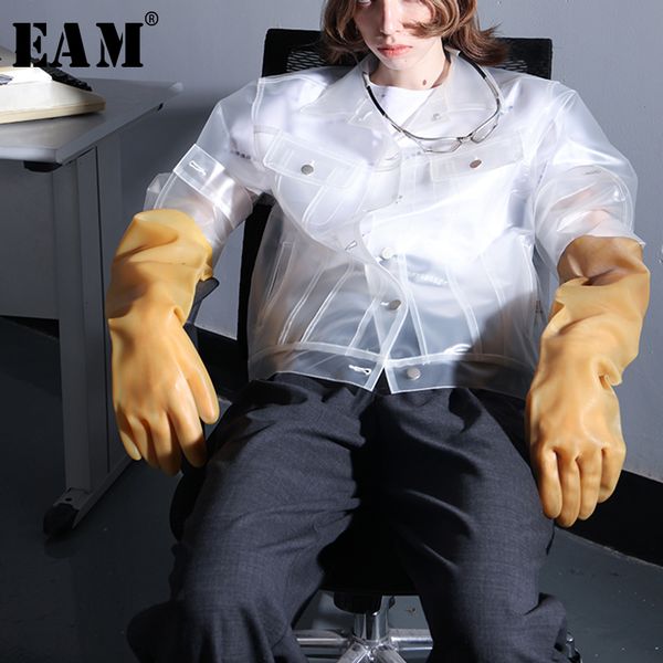 

eam] 2019 new spring summer lapel long sleeve pvc transparent button personaity big size jacket women coat fashion wc358, Black;brown