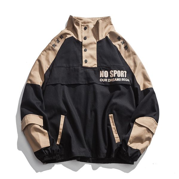 

jackets men multi-pocket loose cargo jacket tracksuit coats multi pocket hip stand collar pullover jacket male windbreaker, Black;brown