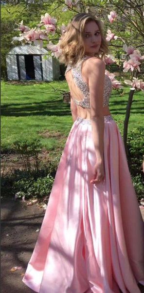 

two piece sparkly rhinestone crystal evening dresses beaded sequined graduation dresses long party dress sweet crop prom gowns, Black;red