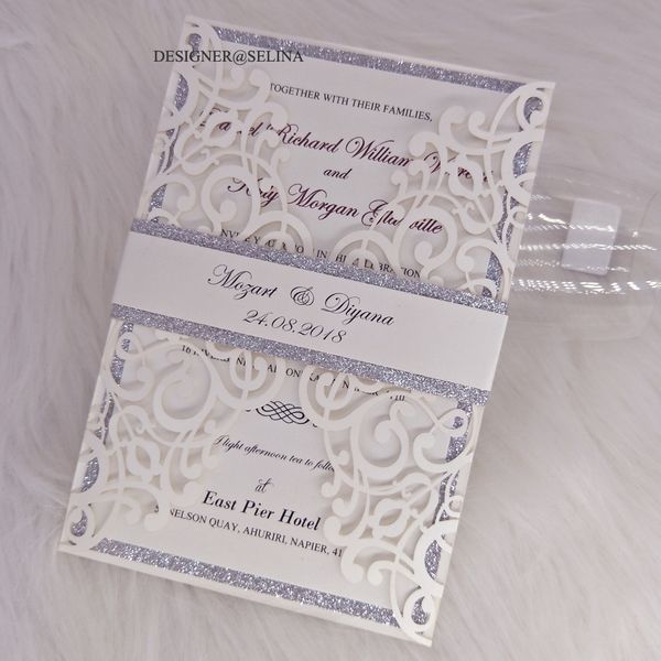 Elegant Laser Cut Wedding Invitations With Silver Belt Glittery