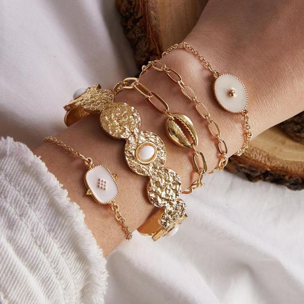 

new selling bohemian summer bracelet national white dripping resin shell chain opening 5-piece bracelet set, Black