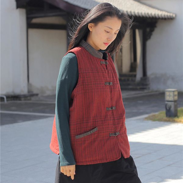 

johnature women plaid vintage vests coats 2019 autumn new button pockets plus cotton women chinese style vests, Black;white