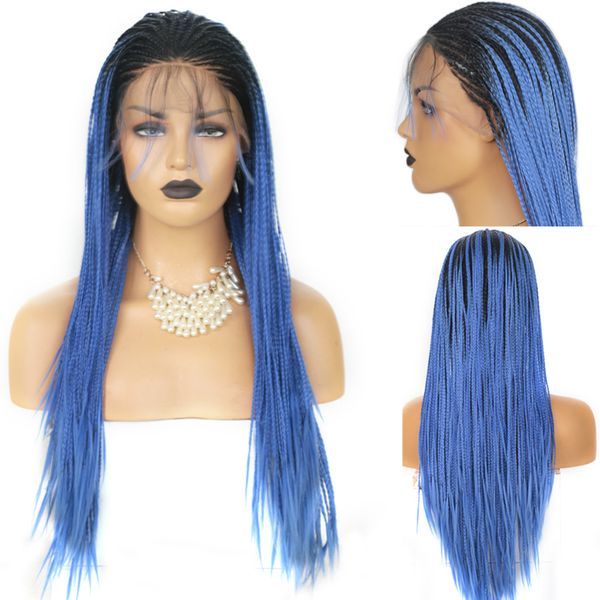 

rongduoyi long ombre blue heat resistant synthetic lace front wig two tone braided box braids front lace wigs for women, Black