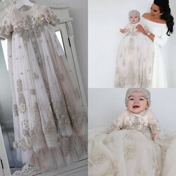 

classy 2020 long sleeve christening gowns for baby girls lace appliqued pearls baptism dresses with bonnet first communication dresblush pin, White