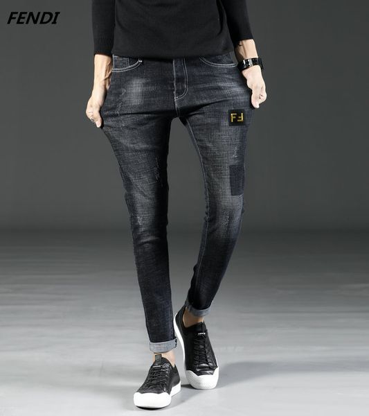

fends classic tide brand jeans mens designer jeans luxury slim trousers simple wild casual pants fashion trend pants hip hop pants selling, Blue
