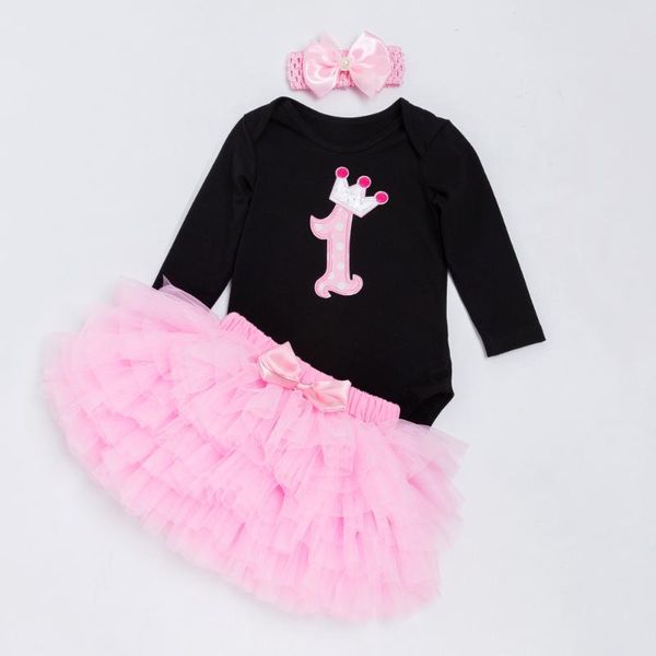 

yk&loving newborn baby clothing set girls birthday black long sleeve number printed romper pink color tutu skirt headband, White
