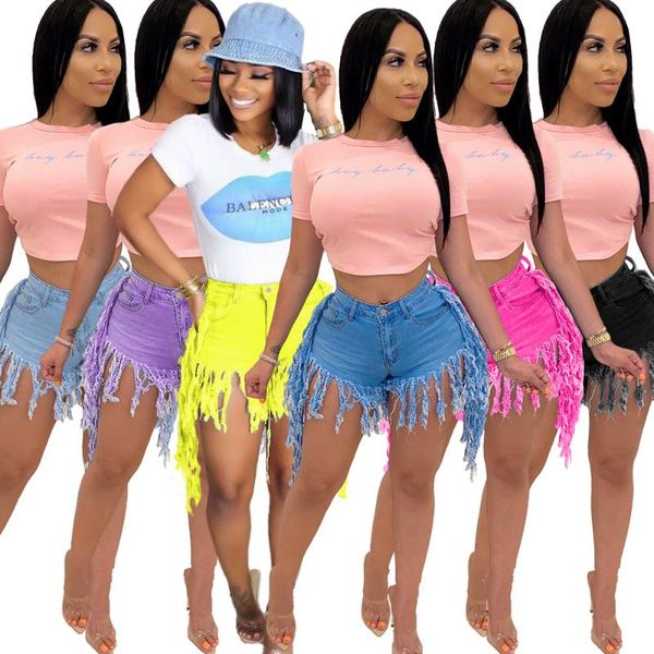 

women's jeans classic retro high waist denim shorts for women ripped bulift casual summer tassel jean, Blue