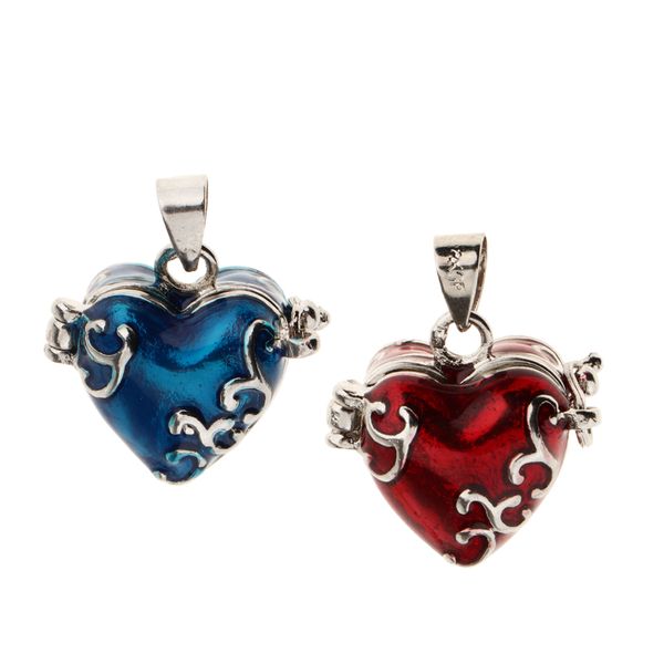

2 pieces blue red enamel love heart cremation keepsake urn memorial pendant, Silver