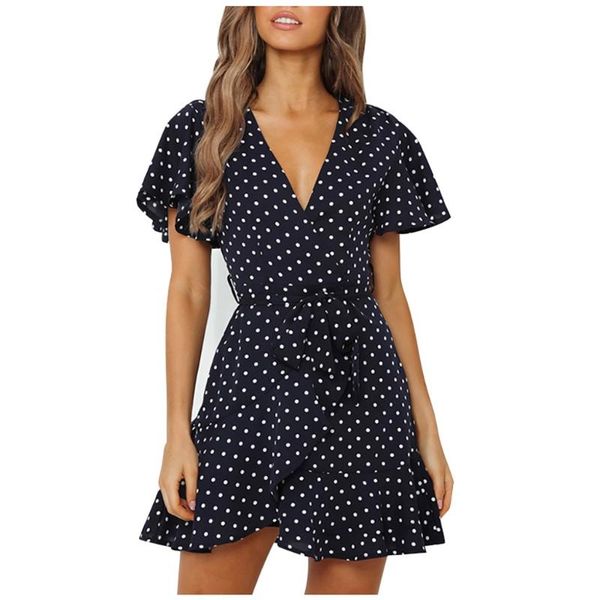 

casual woman dress womens v neck dot print short sleeve bandage ruffled flounce casual mini dress summer clothes femme robe, Black;gray