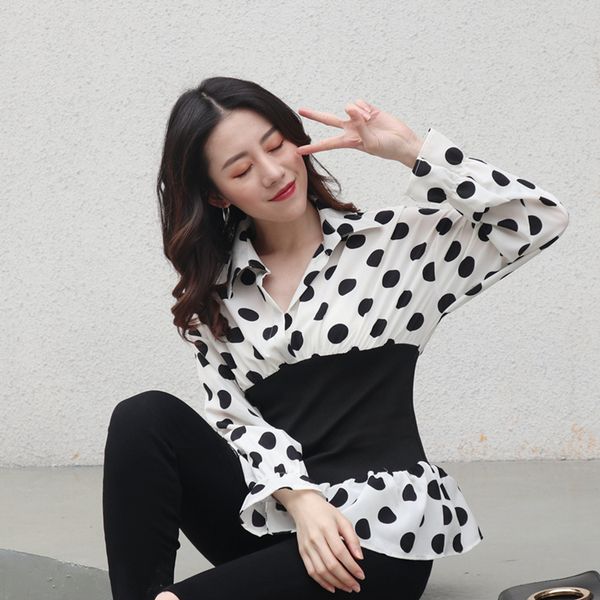

2019 women retro ruffle peplum blouse fashion office ladies elastic waist shirt vintage long sleeve polka dot blusas mujer, White