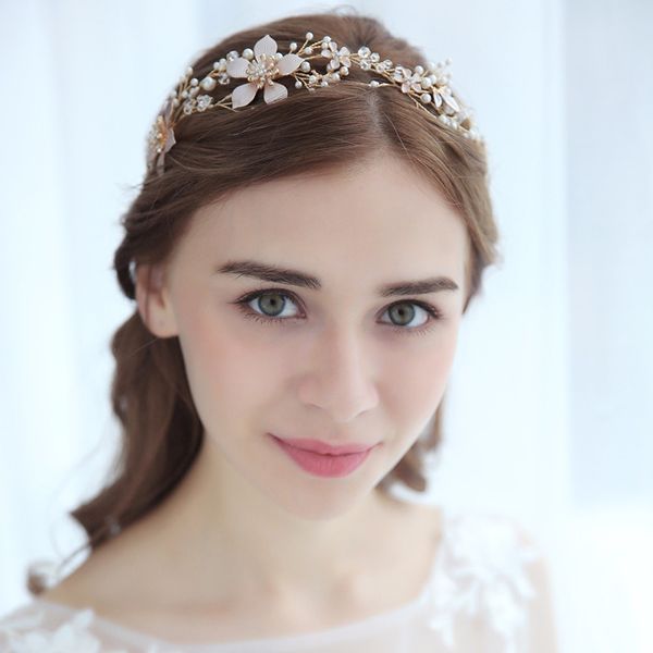 

crystal handmade flower pearl hairbands hair accessories for wedding bride rhinestone leaves beads headbands for girl, Golden;white