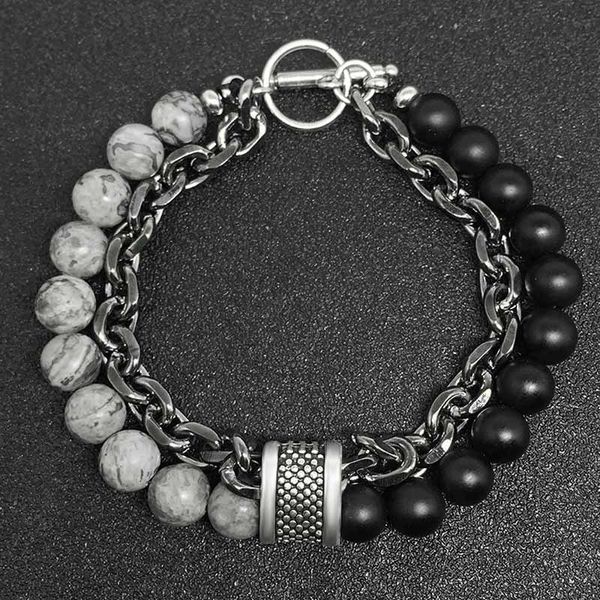 

beaded, strands bracelet mens tiger eye stainless steel double layer beads hip hop rock natural stone boyfriend gift wholesale, Black