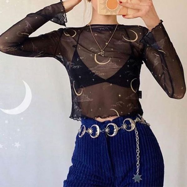 

women harajuku long sleeve mesh crop vintage print transparent navel t-shirt trim summer festival party streetwear, White