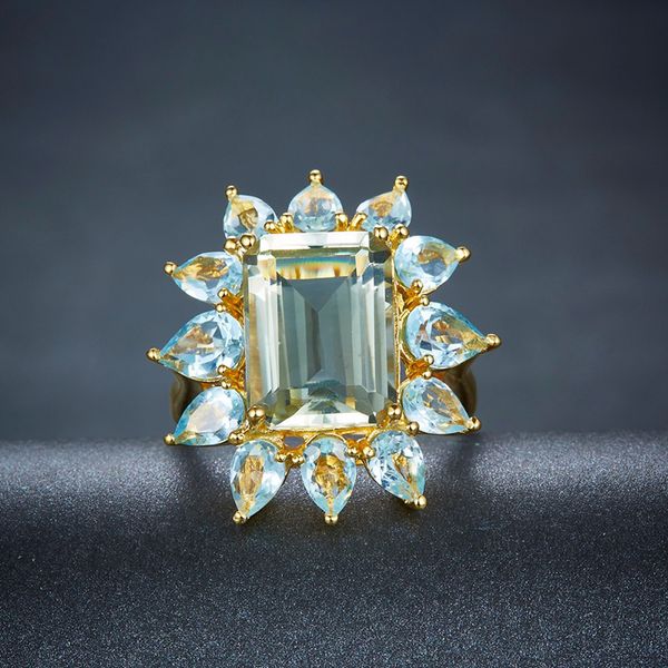 

selling exquisite new aquamarine ring female set with z ring, Golden;silver