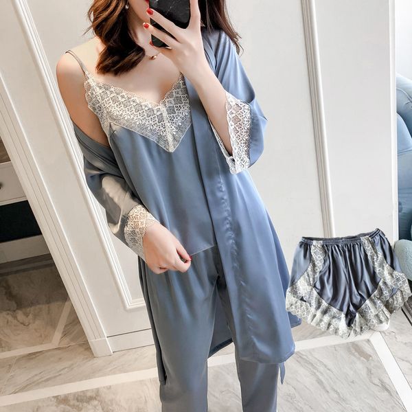 

2019 spring lace trim women pajama pijama set 4pcs sleepwear rayon cami+shorts+pants+robe nightwear suit home clothes, Blue;gray