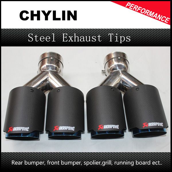 

car styling 2pcs: 63mm inlet 89mm outlet stainless steel car exhaust tip akrapovic carbon fiber exhaust muffler dual tips