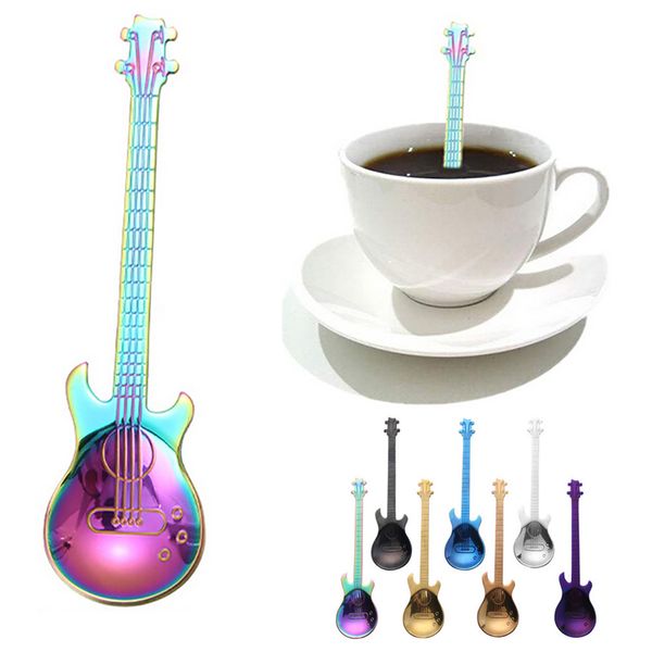 

20pcs/lot stainless steel spoon guitar rainbow coffee tea spoon with long handle latware kitchen drinking tools accessories 2020