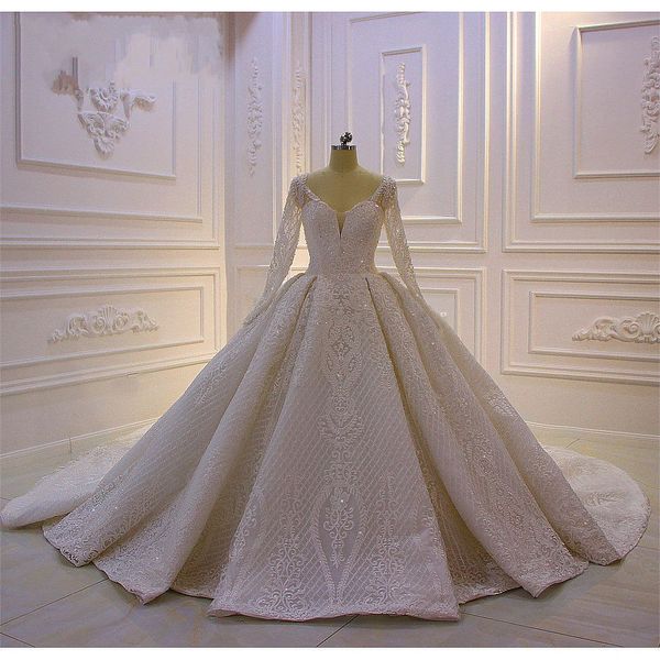 

luxury sparkly sequined long sleeves wedding dress vintage lace appliqued court train plus size bridal gown, White