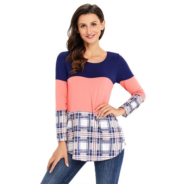 

ins shiying european and american autumn womens contrasting color stitching long sleeve round neck pullover large long sleeve womens t-shirt, White
