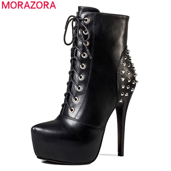 

morazora 2020 new arrival autumn winter booties women genuine leather ankle boots rivet high heels platform shoes ladies, Black