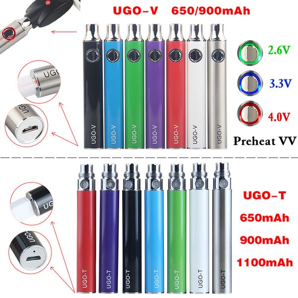 Custom Vape 510 Thread Preheat VV Battery Evod Micro USB Сквозная нижняя зарядка UGO V T Ego Vaper Pens 650 900 1100 мАч