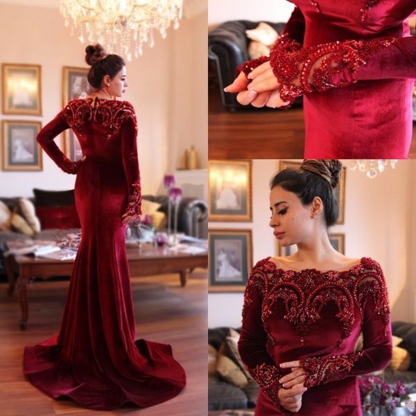 Novo Árabe Muçulmano Formal Vestidos de Noite Scoop Escuro Vermelho Veludo Cristal Grânulos Longo Mangas Islâmica Abaya em Dubai Party Cutomized