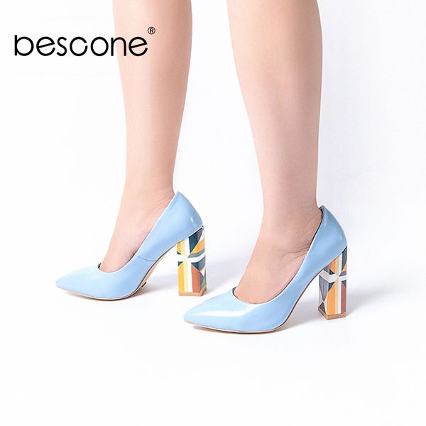 

bescone stylish women pumps slip-on shallow pattern square heel shoes basic pointed toe handmade dress ladies pumps by113, Black