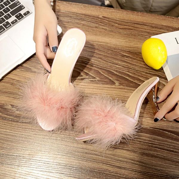 

2020 women furry slippers ladies shoes cute plush fluffy feather thin high heels sandals women's fur slippers for summer hot, Black