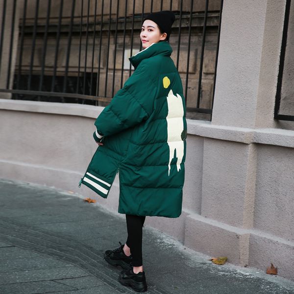 

new printing women clothing down cotton clothing winter korean long thicken keep warm loose parka down cotton coat female jacket, Black