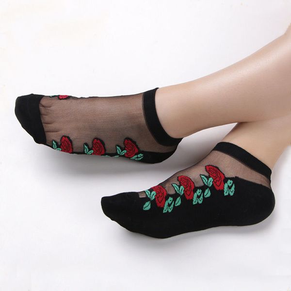 

2019 новых моды девочки женщины розы цветочного шелкового носков верх.част щиколотка носки черный белого случайный женский тонкий носок, Black;white
