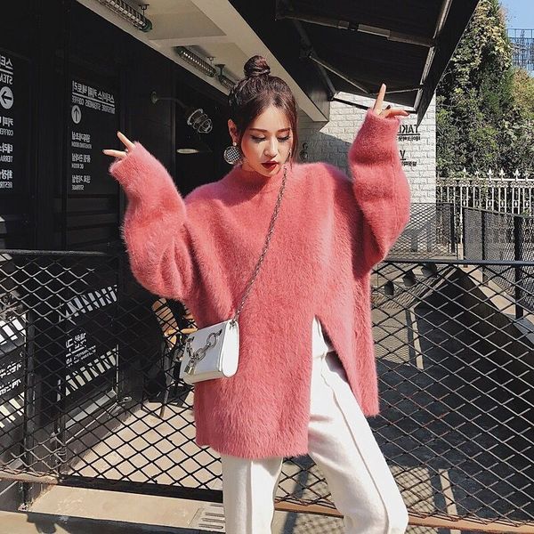 

aprmhisy warm soft water velvet sweaters women autumn winter 2019 new solid thick warm high split knitted pullovers, White;black