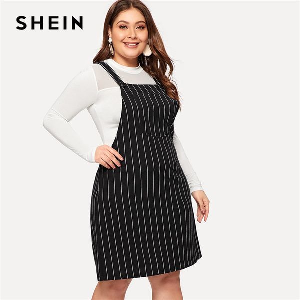 

shein plus size black striped straps mini pinafore dress women 2019 preppy style a-line short dresses, Black;gray