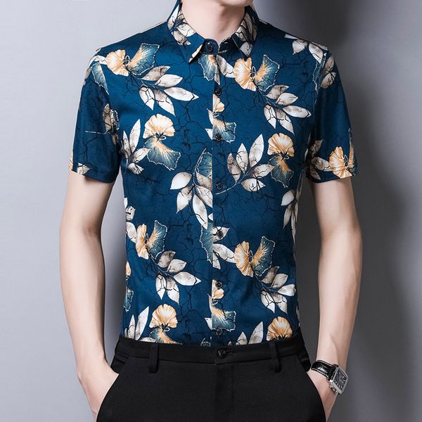 

mercerized cotton non-iron short-sleeve shirt summer new men's casual-dress lapel fit floral print shirt, White;black