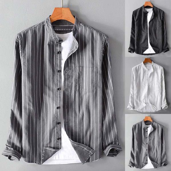 

plus size fashion men shirts striped long sleeve cotton stand collar streetwear social shirt japanese harajuku casual shirt men, White;black