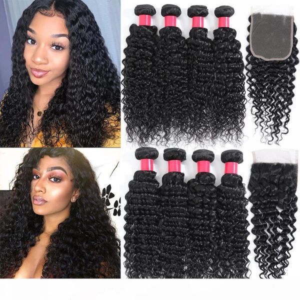 

9a brazilian virgin hair 3bundles with 4x4 lace closure deep curly wave human hair bundles wefts with closure hair extension weaves, Black;brown