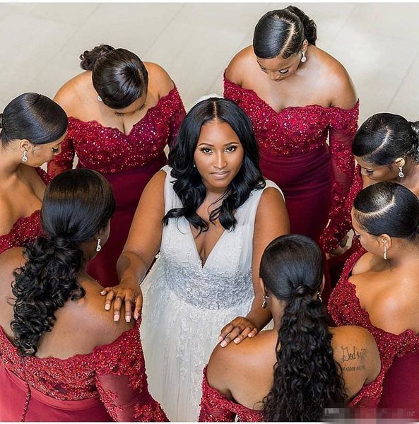 Hot Sell Burgundy Bridesmaid Dresses 2019 South African Plus Size Off Shoulders Beaded Appliques Long Sleeves Wedding Guest Gowns Bm0355 Green