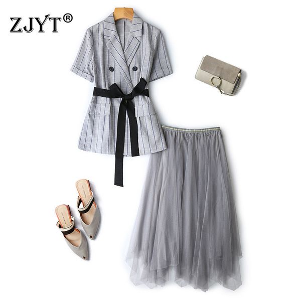 

ladies elegant office party two piece outfits women summer designer striped blazer suit and tulle skirt matching set clothes, White