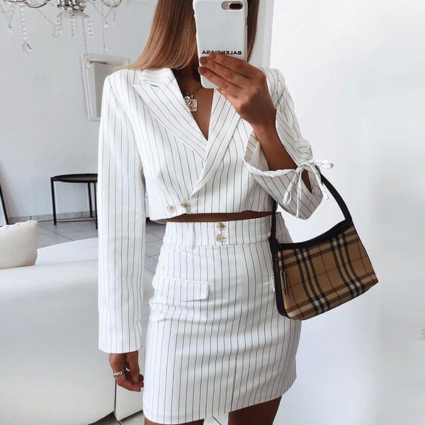 

women office skirt suit elegant skirt and jacket casual work outfit white stripe female autumn business suit two pieces sets, White;black