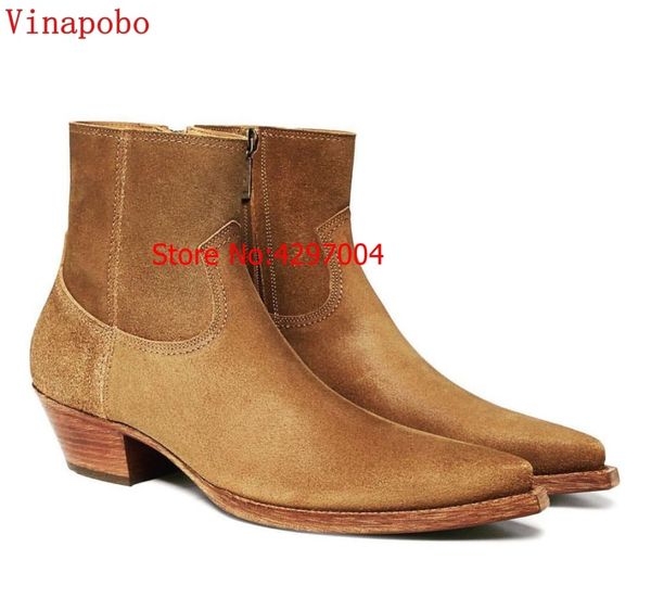

vinapobo vintage men boots genuine leather suede rome style customized handmade man ankle boots male casual shoes sapato, Black