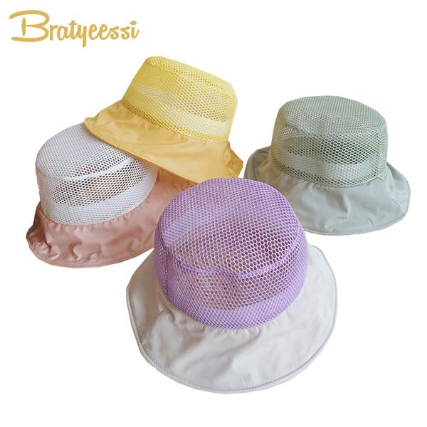 

caps & hats summer kids bucket hat for girls mesh baby sun candy color cap outdoor beach travel protection boy, Yellow
