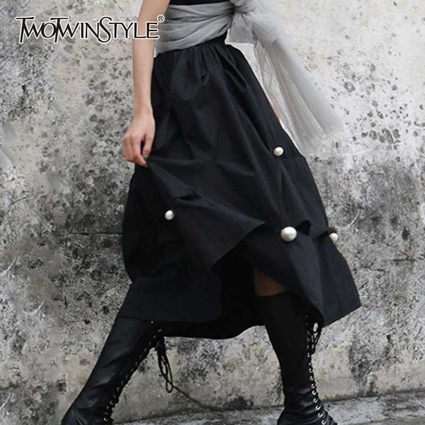 

twotwinstyle casual patchwork peals skirt women high waist elegant midi irregular ruched skirts for female clothing 2020 fashion, Black