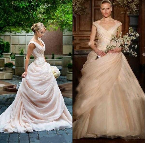 

Gorgeous Blush Pink Country A Line Wedding Dresses Plunge V Neck Ruched Corset Puffy Boho Vintage Beach Bridal Gown Custom Made